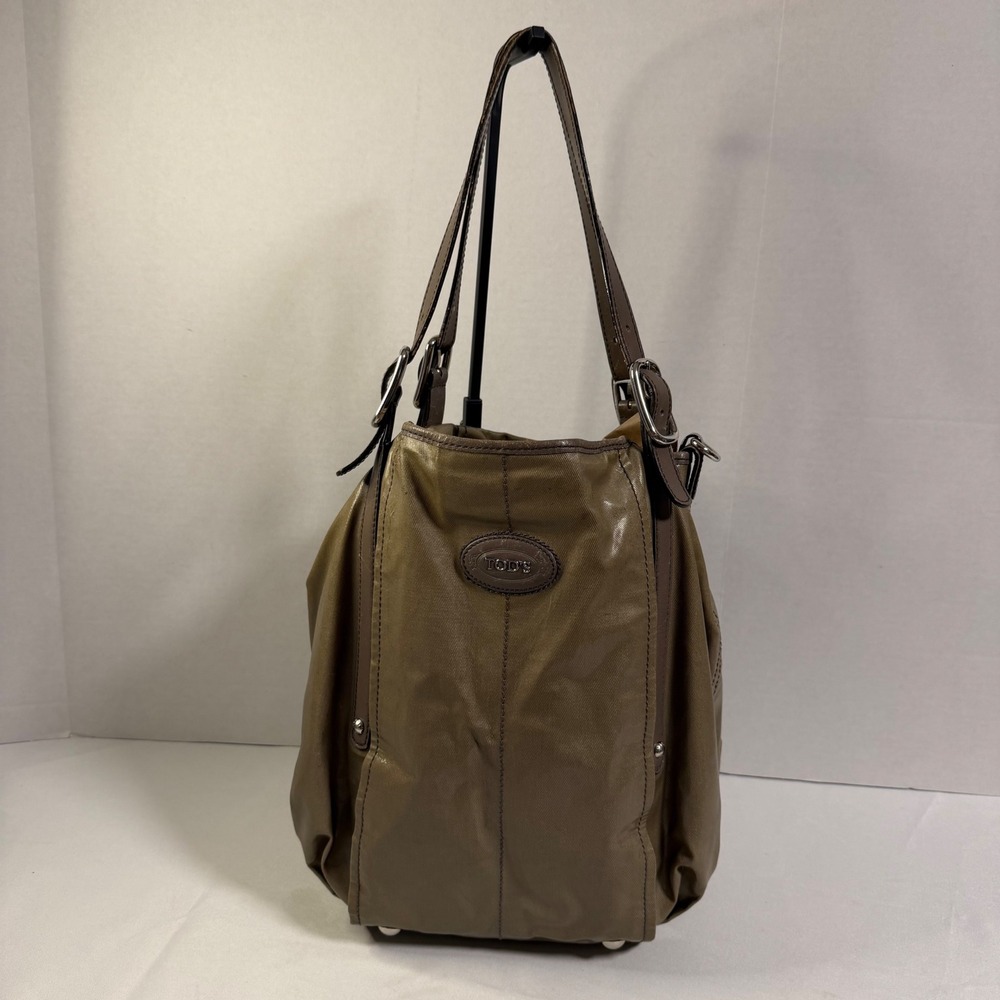 Tod's Shoulder Bag Medium Bronze Coated Canvas Leather Trim Tote + Luxury Hobo
